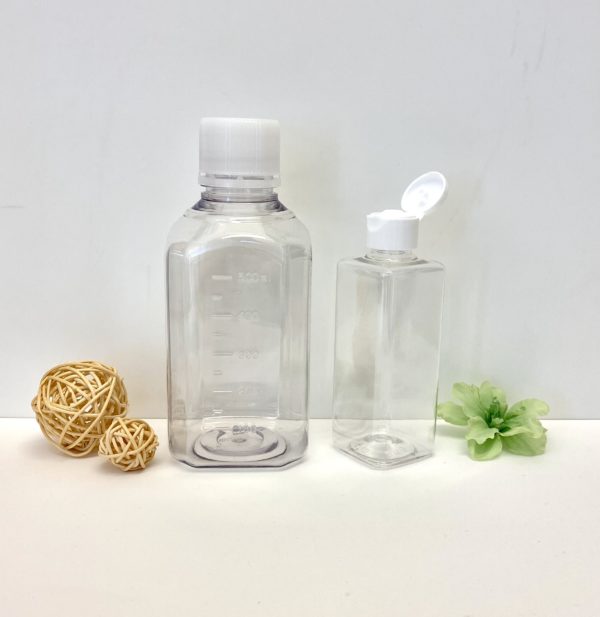 Bouteilles PET carrée, bouchon blanc